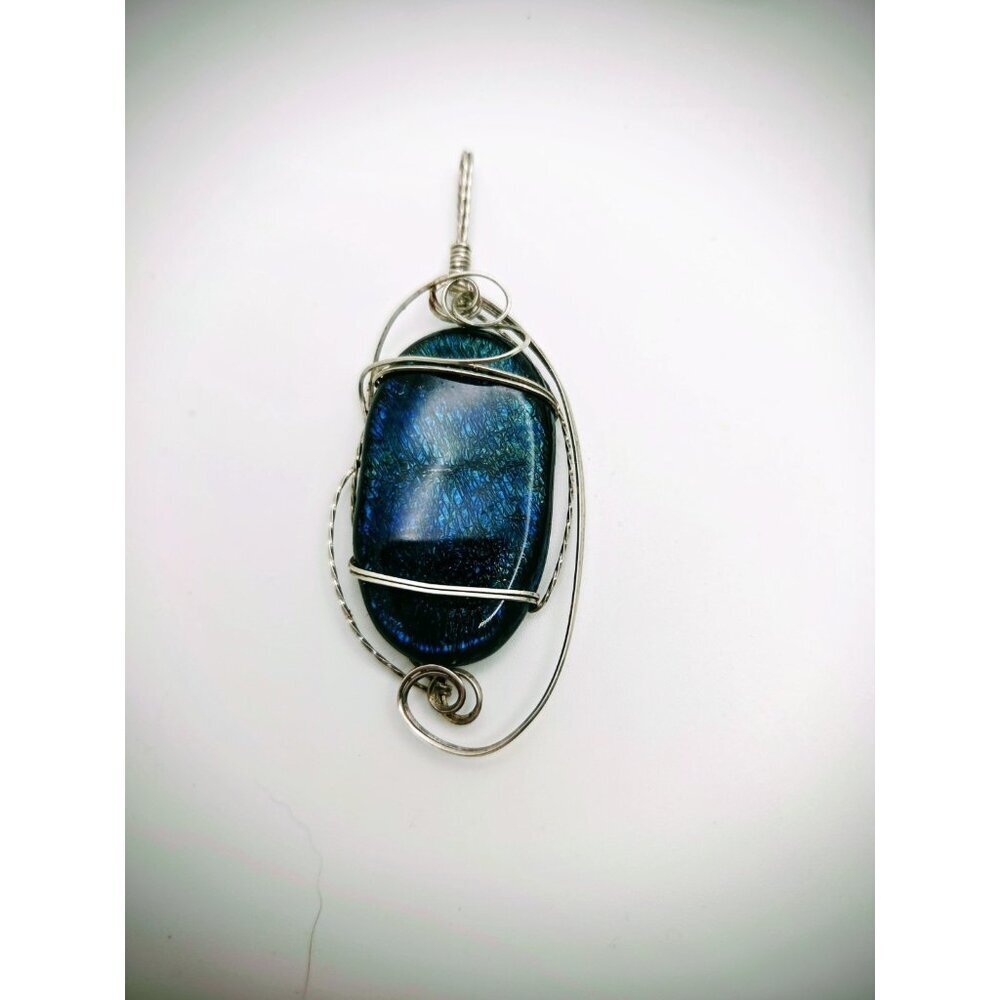 Sterling Silver Wire Wrapped White Dichroic Glass Pendant 3.5"